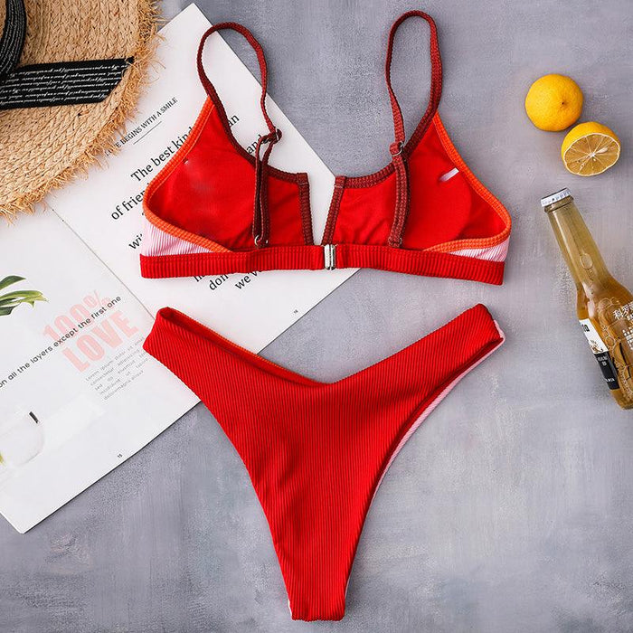 Bikinis Ribbed Swimwear Women's Swimsuit Push Up Bathing Suit Solid Patchwork High Cut Bikini Set Women Padded Push up Bikini Set Halter Two Piece Cross Top Swimsuit Patchwork Bathing Suit