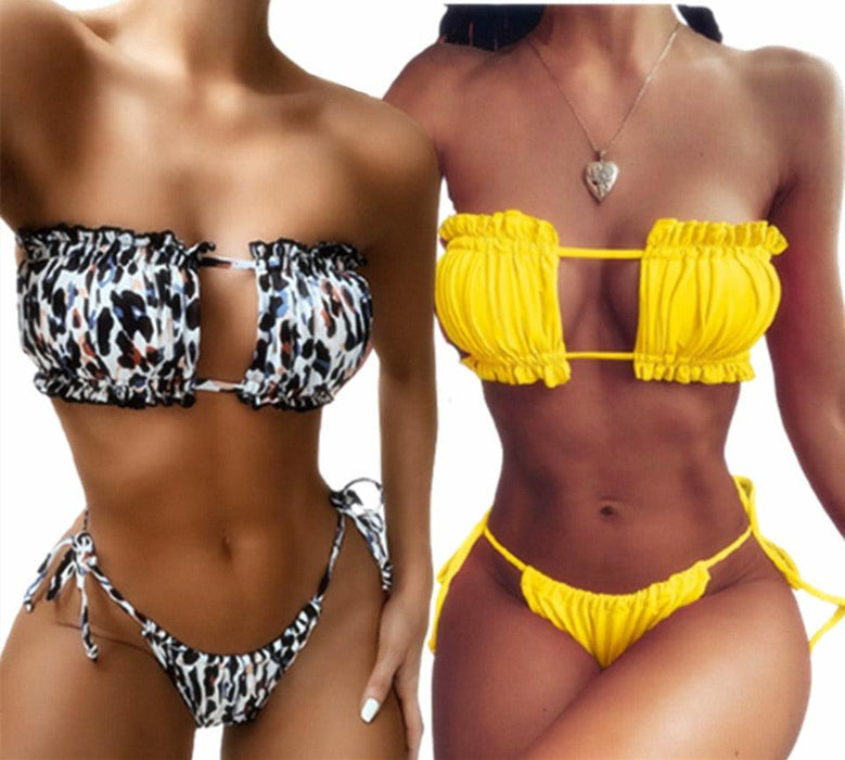 Bikinis Set For Women Swimsuit Summer Beach Wear Bathing Suits Women Bikini Swimwear Women's Ruffle Tie Side Bikini Set High Cut Strapless Padded Solid Bathing Suit