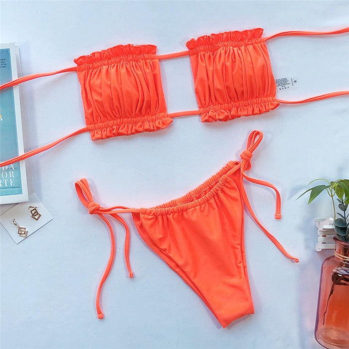 Bikinis Set For Women Swimsuit Summer Beach Wear Bathing Suits Women Bikini Swimwear Women's Ruffle Tie Side Bikini Set High Cut Strapless Padded Solid Bathing Suit