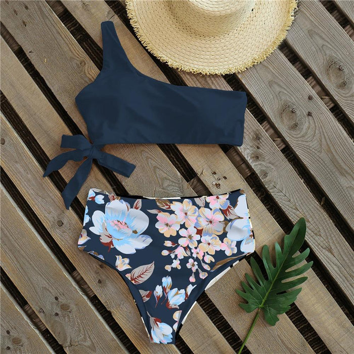 Bikinis Women New One Shoulder Swimwear High Waist Swimsuit Bandage Bathing Suits Beach Wear Female Lace Two Piece Swim Dress with Bikini Bottom Bathing Suits