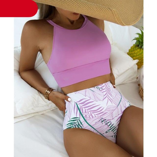 Brown Leaf Print High Waist Bikini Set 2 Piece Summer Padded Push Up High Waist Bikini Swimsuit Swimwear Swimsuit Women High Neck Two Pieces Swimwear Female Sports Bathing Suit