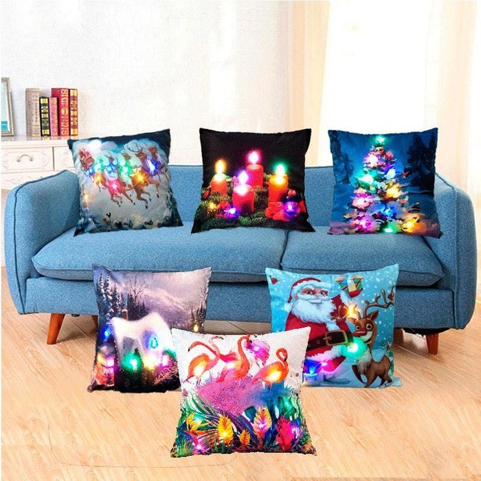 Christmas Cushion Cover Led Light Cushion Covers Xmas Holiday Couch Pillows Rustic Christmas Decorations Winter Pillowcase Light Up Pillow Case Soft Pillows Cover Cushion Santa Pillowcase 45x45CM