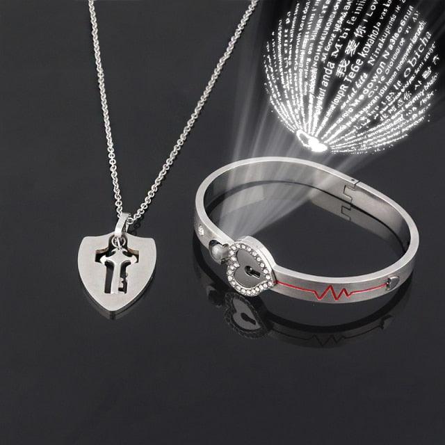 Couple Jewelry Stainless Steel Bracelet Love Heart Lock Bracelets Bangles Key Pendant Necklace Titanium Steel Couples Jewelry Romantic Gift For Valentines Day Birthday Christmas Wedding