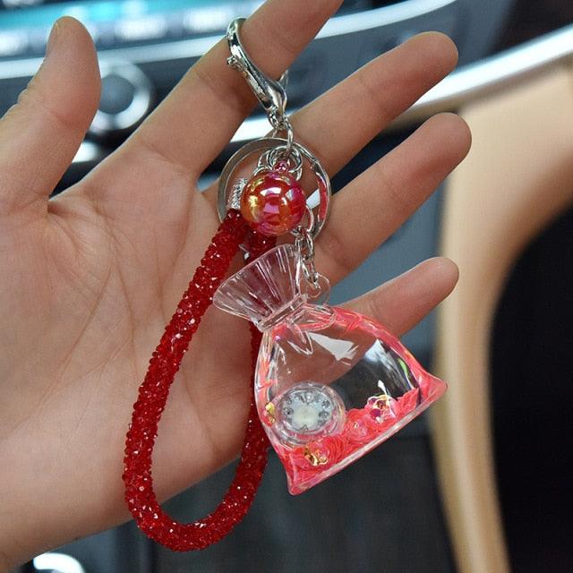 Creative Cute Oily Quicksand Keychain Luminous Money Bag Pendant Keychain Keyring with Light Lucky Bag Keychain Net Red Acrylic Cartoon Luminous Pocket Money Bag Pendant