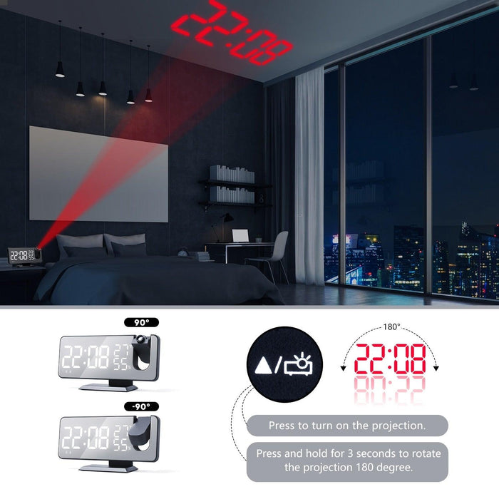 Dual Loud Smart Alarm Clock Projection for Bedroom Radio Digital Alarm Clock Projection Digital Alarm Clock for Bedrooms Radio Alarm Clock with Projection on Ceiling Dual Alarms with USB Charger Large Mirror LED Display