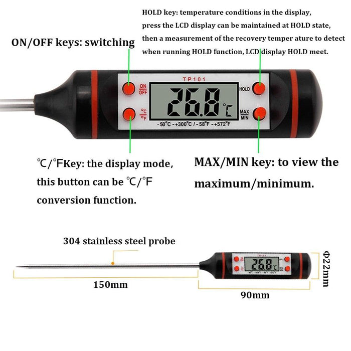 Electronic Digital Kitchen Food Thermometer Stainless Steel Digital Water Thermometer for Liquid Candle Instant Read Waterproof Thermometer For Food Meat Milk Long Probe Water Oil Liquid Bakery Food Temperature Measuring Device