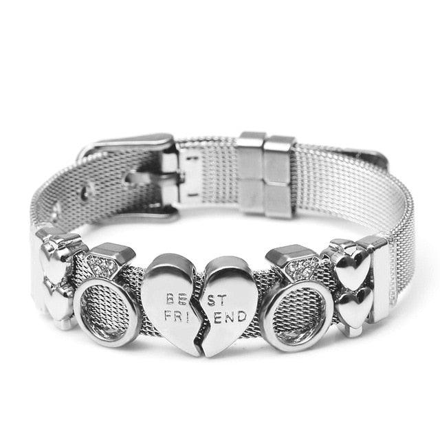 Elegant Stainless Steel Mesh Bracelets For Women Men Golden Love Heart Beaded 10mm Ribbon Mesh Bracelet Women Fashion Stainless Steel Silver Gold Clear Rhinestones Charm Mesh Belt Buckle Bracelet