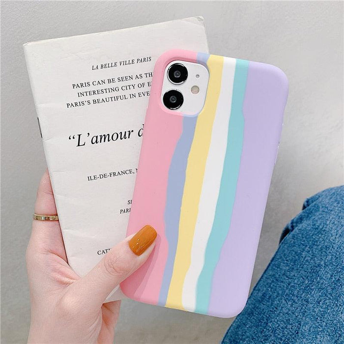 Fashionable Rainbow Silicone Luxury Case For iPhone 11 12 13 14 Pro Max XR X XS 7 8 Plus Mini Soft Shockproof Cover Creative Cute Rainbow Pink Stripe Line Soft Silicone Case