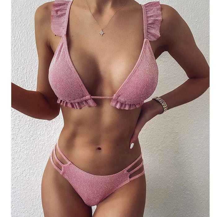 Female Swimsuit Women String Triangle Top Bikini Bottom Printed Push Up Swimsuit Bikini Sets Two Piece Split Button Beachwear Bathing Suit High Waist Bathing Suit High Cut