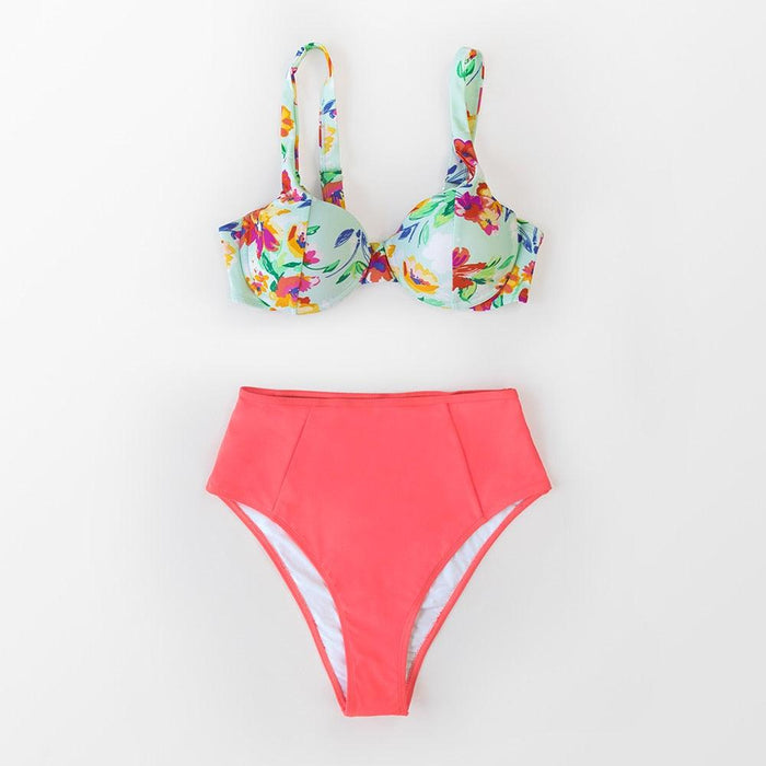 Floral High Waist Push Up Bikini Sets Cut Out Swimsuit Two Pieces Swimwear Women Beach Bathing Suit Women's Strap Floral Print Bathing Suit  High Waist Bikini 2 Pieces Swimsuits Set Swimwear