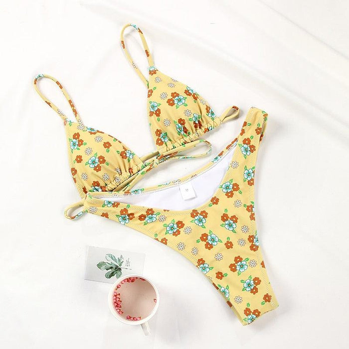 Floral Print Bikini String Swimsuit High Cut Bikini Set Bathing Suit Women's Swimsuit Halter Ribbed Polka Dot Tie Dye String Bathing Suit Bikini Set Women Swimwear High Waist Bikinis Beach