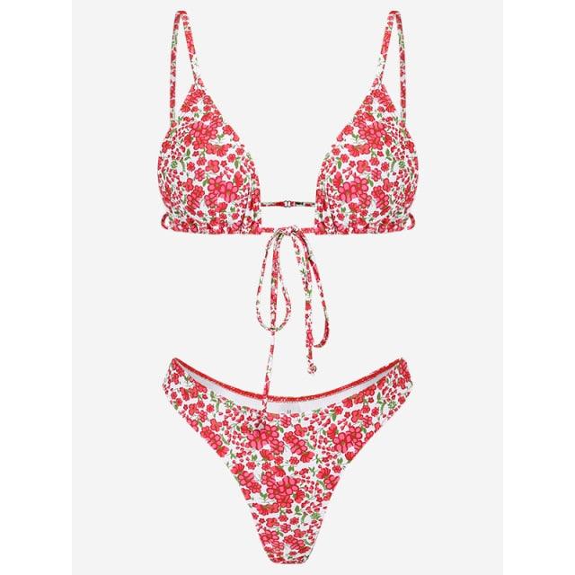 Floral Print Bikini String Swimsuit High Cut Bikini Set Bathing Suit Women's Swimsuit Halter Ribbed Polka Dot Tie Dye String Bathing Suit Bikini Set Women Swimwear High Waist Bikinis Beach