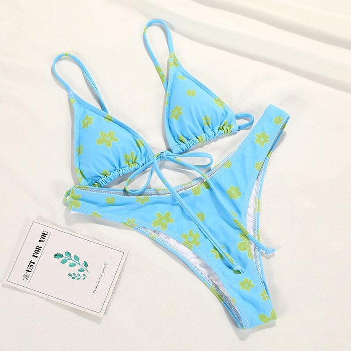 Floral Print Bikini String Swimsuit High Cut Bikini Set Bathing Suit Women's Swimsuit Halter Ribbed Polka Dot Tie Dye String Bathing Suit Bikini Set Women Swimwear High Waist Bikinis Beach