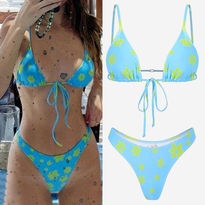 Floral Print Bikini String Swimsuit High Cut Bikini Set Bathing Suit Women's Swimsuit Halter Ribbed Polka Dot Tie Dye String Bathing Suit Bikini Set Women Swimwear High Waist Bikinis Beach