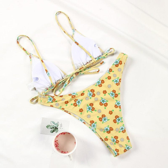 Floral Print Bikini String Swimsuit High Cut Bikini Set Bathing Suit Women's Swimsuit Halter Ribbed Polka Dot Tie Dye String Bathing Suit Bikini Set Women Swimwear High Waist Bikinis Beach