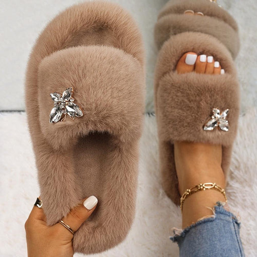 Fluffy Slippers Rhinestone Butterfly Faux Fur Slides Women Sandals Platform Flip Flops Crystal Indoor Slippers Faux Fur Slippers Comfy Open Toe Two Slides Lining And Rubber Sole