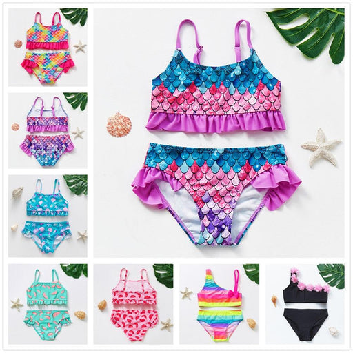 Girls Swimsuit Kids Swimwear Cute Print Kids Bikini Sets Girls Swimsuits Two Piece Bathing Suit Sets 3D Printed Swimwear Ruffle Style Children Swimwear Kids Beach Wear 2-16 Year