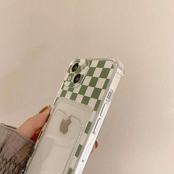 Glamorous Phone Case Shiny Transparent Card Holder Slim Soft Silicone Shockproof Case For iPhone 14 13 11 12 Pro Max 7 8 Plus Cute Green Checkerboard Clear Cover For iPhone X XR XS Shockproof Card Holder Phone Case