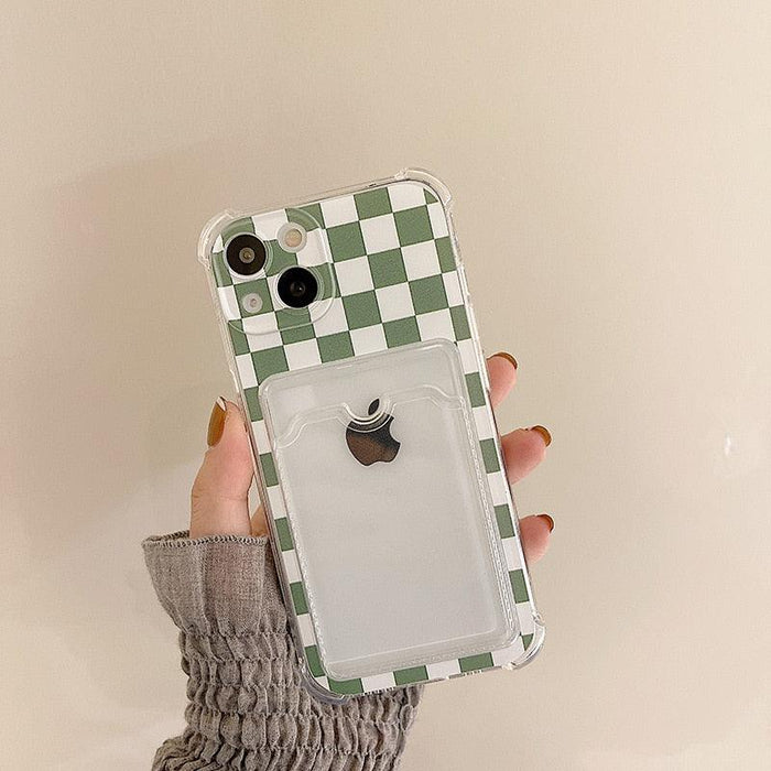 Glamorous Phone Case Shiny Transparent Card Holder Slim Soft Silicone Shockproof Case For iPhone 14 13 11 12 Pro Max 7 8 Plus Cute Green Checkerboard Clear Cover For iPhone X XR XS Shockproof Card Holder Phone Case