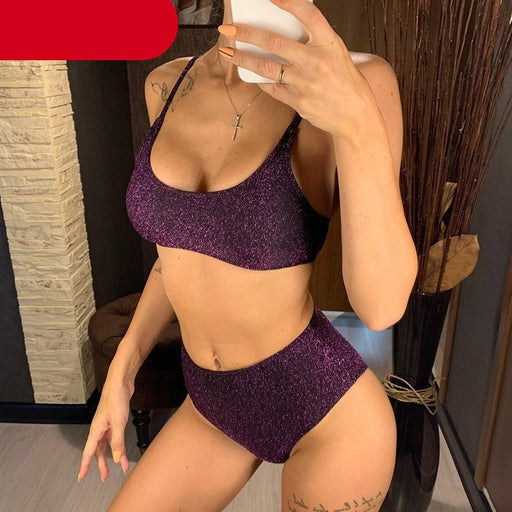 Glitter Sparkling Female Swimsuit High Waist Bikini Women's High Waist Bikinis Party Glitter Scoop Neck Crop Top Swimsuits Two Piece Bathing Suit Women Swimwear Two-pieces Bikini Set Summer Swim Suit