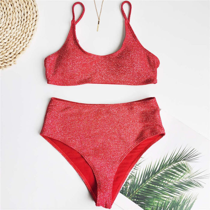 Glitter Sparkling Female Swimsuit High Waist Bikini Women's High Waist Bikinis Party Glitter Scoop Neck Crop Top Swimsuits Two Piece Bathing Suit Women Swimwear Two-pieces Bikini Set Summer Swim Suit