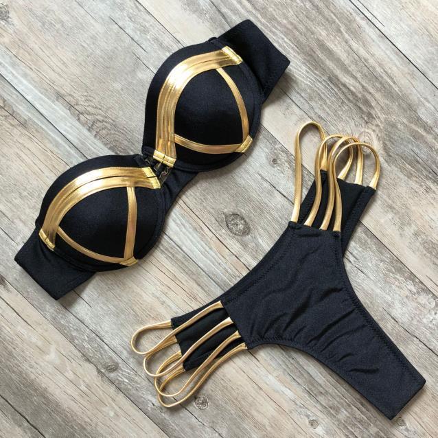 Golden Bikini Set Padded Women Swimsuit Push Up Swimwear Summer Beachwear Bathing Suit Women's Push Up Two Piece Bikini Swimsuits Elegant Lace Up Bathing Suits