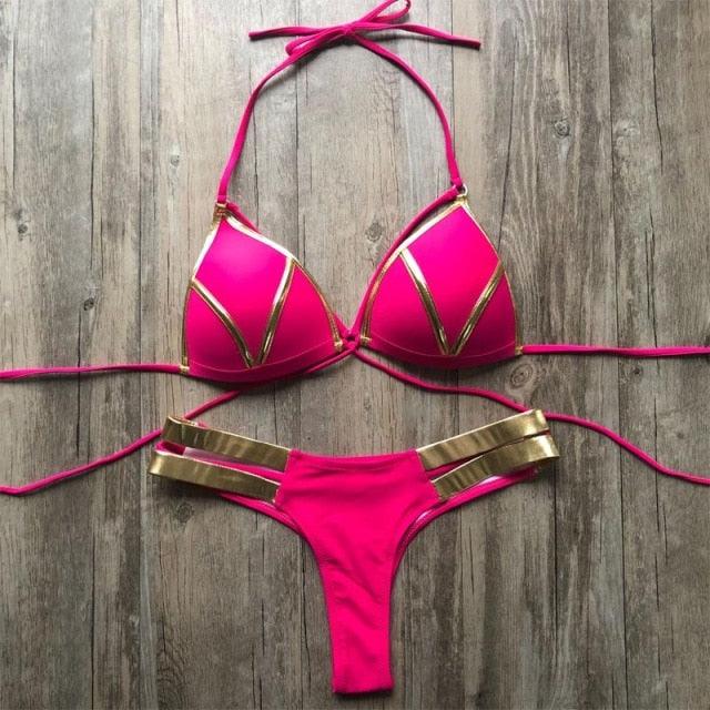 Golden Bikini Set Padded Women Swimsuit Push Up Swimwear Summer Beachwear Bathing Suit Women's Push Up Two Piece Bikini Swimsuits Elegant Lace Up Bathing Suits