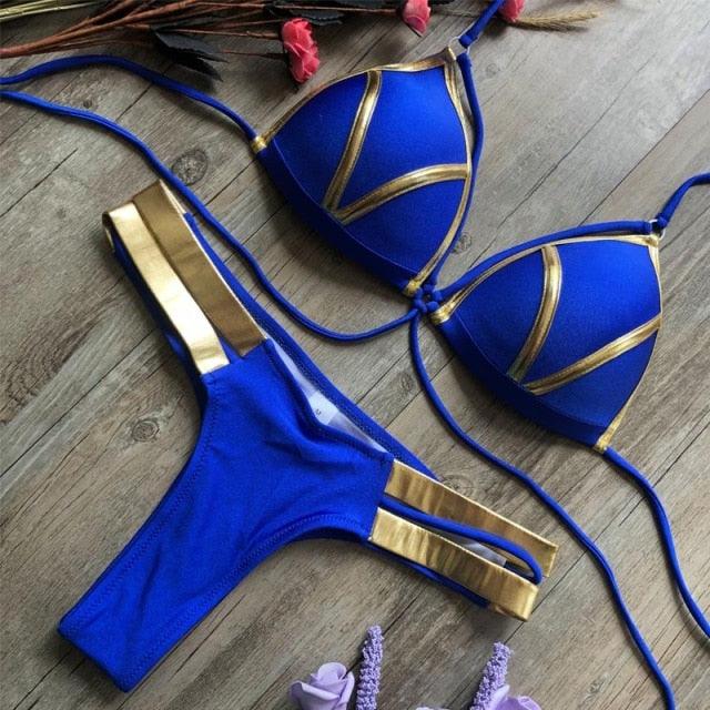 Golden Bikini Set Padded Women Swimsuit Push Up Swimwear Summer Beachwear Bathing Suit Women's Push Up Two Piece Bikini Swimsuits Elegant Lace Up Bathing Suits