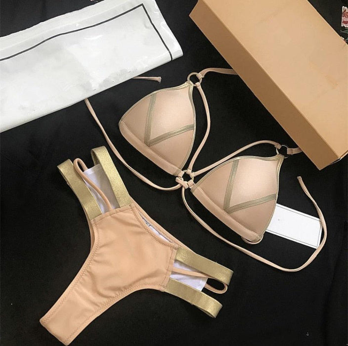 Golden Bikini Set Padded Women Swimsuit Push Up Swimwear Summer Beachwear Bathing Suit Women's Push Up Two Piece Bikini Swimsuits Elegant Lace Up Bathing Suits