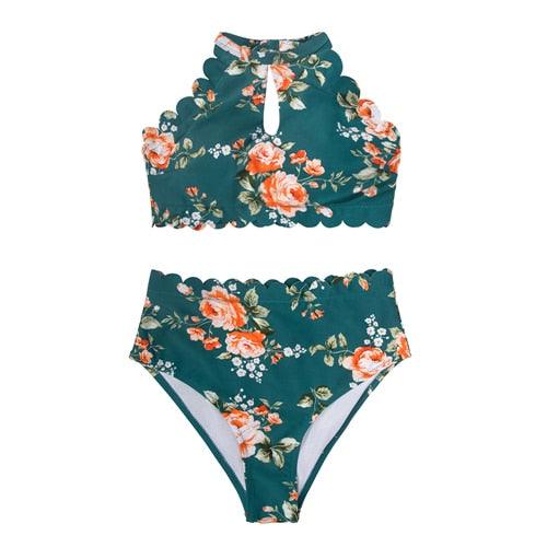 Green Floral Halter Bikini Women High Waist Bikini Halter Two Piece Bathing Suits Tummy Control Swimsuit Push Up Swimwear Sets Women High Waist Two Pieces Swimsuit New Girl Bathing Suits