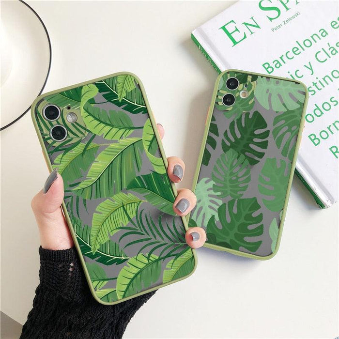 Green Leaves Plant Flower Phone Case for iphone 11 12 13 14 Pro Max Hard Back Shockproof Cover Floral Tropical Design with Slim Glossy Green Palm Leaves Pattern Case