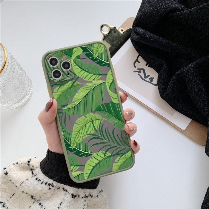 Green Leaves Plant Flower Phone Case for iphone 11 12 13 14 Pro Max Hard Back Shockproof Cover Floral Tropical Design with Slim Glossy Green Palm Leaves Pattern Case