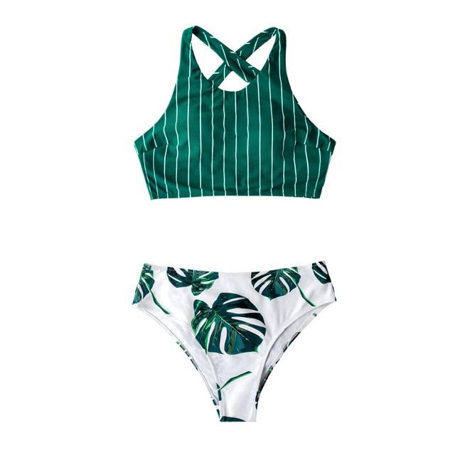 Green Stripe And Leaves Print Bikini Sets Women Tank Swimsuit Women's Two Piece High Neck Bikinis Swimsuits Modest Crop Top Bathing Suits For Teens Two Pieces Girls Beach Bathing Suits Swimwear