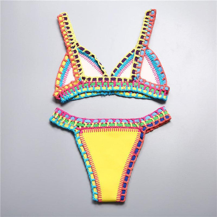 Handmade Women Bikini Crochet Knit Swimwear Halter Patchwork Bathing Suit Women's Swimsuit Strappy Side 2 Piece Bikini Set Triangle Beach Swimwear