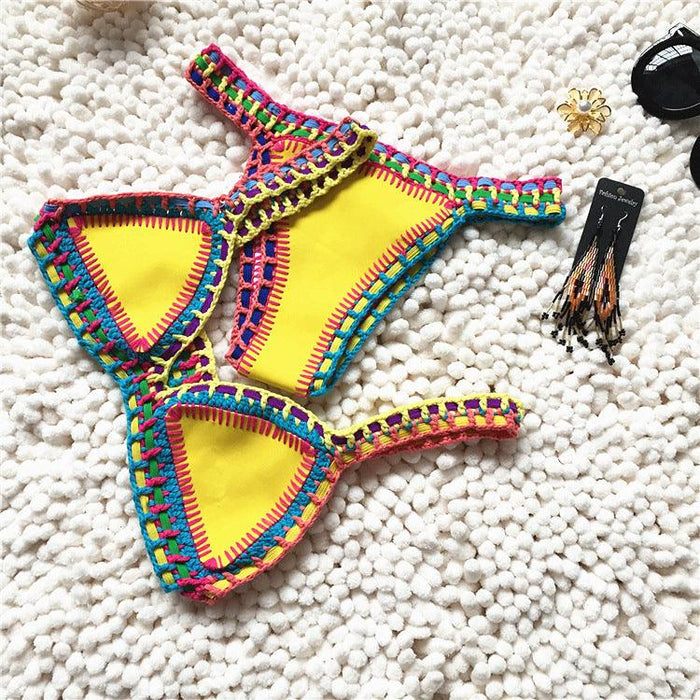 Handmade Women Bikini Crochet Knit Swimwear Halter Patchwork Bathing Suit Women's Swimsuit Strappy Side 2 Piece Bikini Set Triangle Beach Swimwear