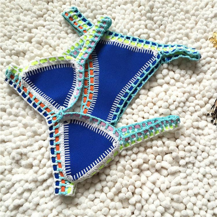 Handmade Women Bikini Crochet Knit Swimwear Halter Patchwork Bathing Suit Women's Swimsuit Strappy Side 2 Piece Bikini Set Triangle Beach Swimwear