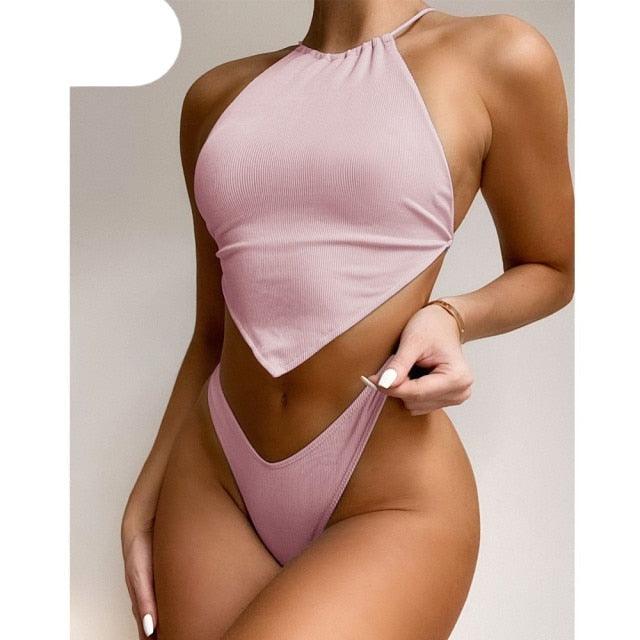 High Neck Swimwear Women Bikini Tied Top Swimsuit Female Brazilian Bikini Set Bathing Suit Swim Women's Bikini Set High Waist  Scoop Collar Padded Swimsuit