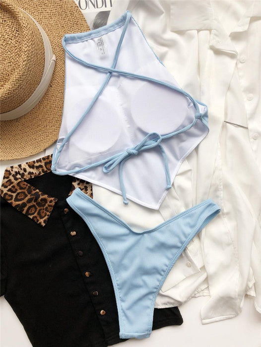 High Neck Swimwear Women Bikini Tied Top Swimsuit Female Brazilian Bikini Set Bathing Suit Swim Women's Bikini Set High Waist  Scoop Collar Padded Swimsuit