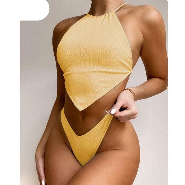 High Neck Swimwear Women Bikini Tied Top Swimsuit Female Brazilian Bikini Set Bathing Suit Swim Women's Bikini Set High Waist  Scoop Collar Padded Swimsuit