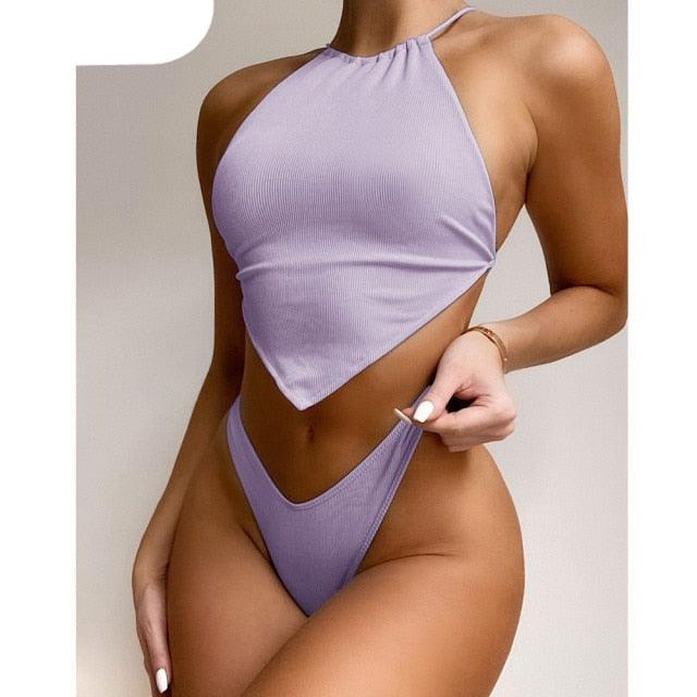 High Neck Swimwear Women Bikini Tied Top Swimsuit Female Brazilian Bikini Set Bathing Suit Swim Women's Bikini Set High Waist  Scoop Collar Padded Swimsuit