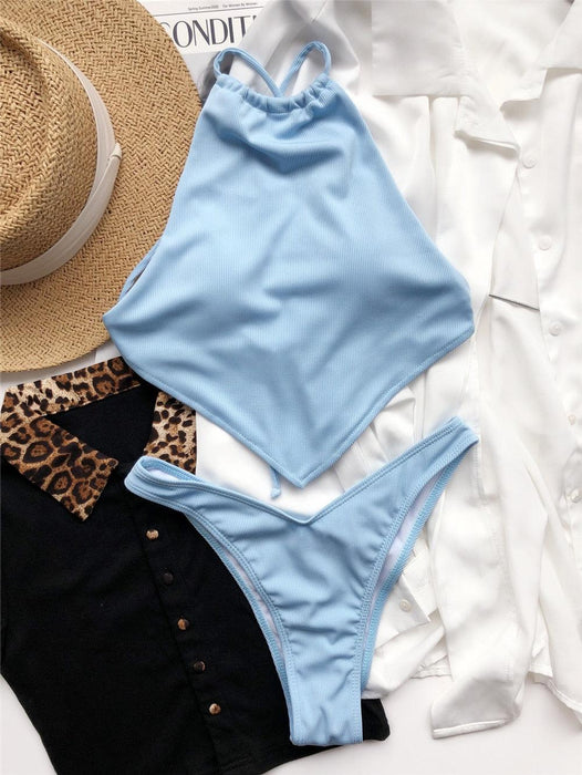 High Neck Swimwear Women Bikini Tied Top Swimsuit Female Brazilian Bikini Set Bathing Suit Swim Women's Bikini Set High Waist  Scoop Collar Padded Swimsuit