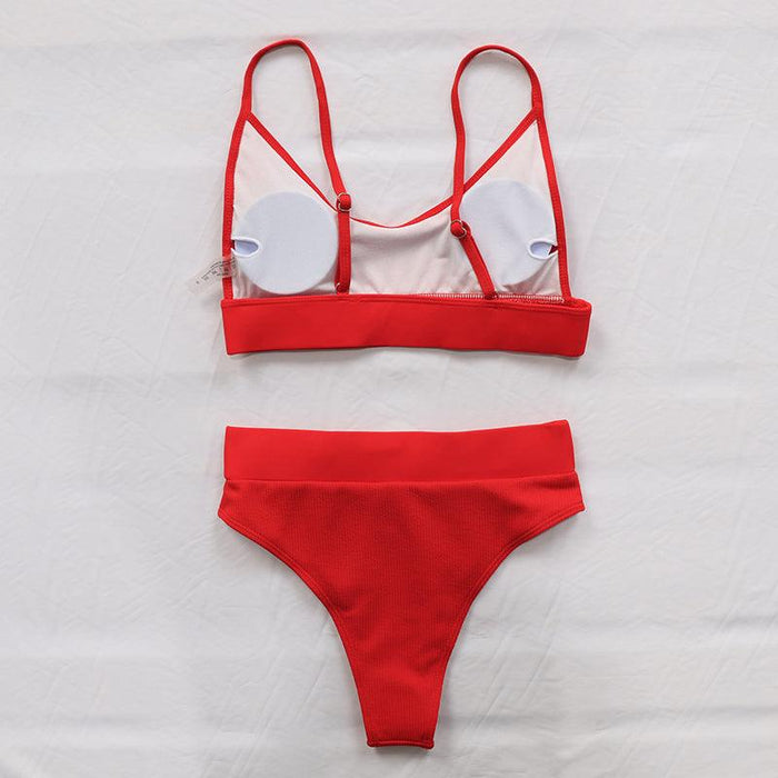 High Waist Bikinis Ribbed Swimwear Women Push Up Swimsuits Women's Scoop Neck Swimsuits High Waist Bikini Sets 2 Piece Bathing Suit Solid Strap Bathing Suit Female Set