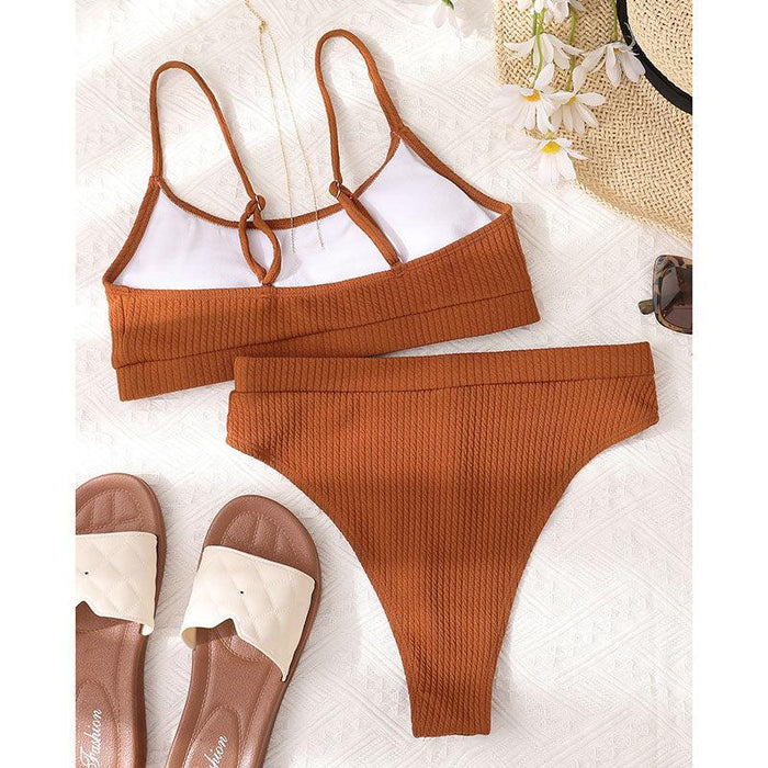 High Waist Bikinis Swimwear Women Push Up Swimsuits Solid High Waist Bikini Sets Sporty Two Pieces Swimsuit Scoop Neck Bathing Suits for Women Ribbed Bathing Suits High Cut Summer Beachwear