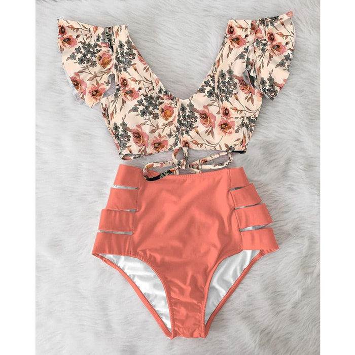 High Waist Ruffled Bikini Set Flounce Bikini Swimwear  Women's Cute Ruffle 2 Piece Bathing Suits Elegant Bikini Swimsuits With Cheeky Floral Women Two Pieces Swimsuit Floral Beachwear V-Neck Bathing Suit