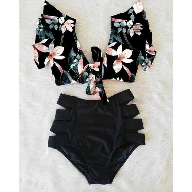 High Waist Ruffled Bikini Set Flounce Bikini Swimwear  Women's Cute Ruffle 2 Piece Bathing Suits Elegant Bikini Swimsuits With Cheeky Floral Women Two Pieces Swimsuit Floral Beachwear V-Neck Bathing Suit