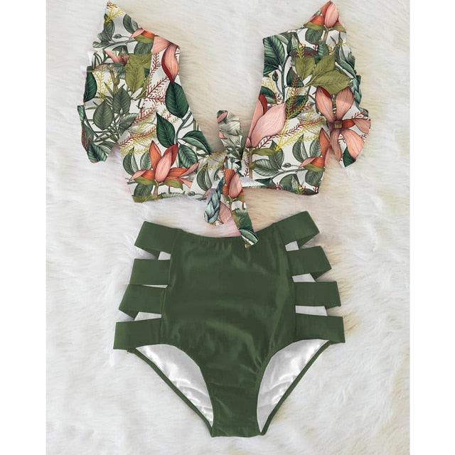 High Waist Ruffled Bikini Set Flounce Bikini Swimwear  Women's Cute Ruffle 2 Piece Bathing Suits Elegant Bikini Swimsuits With Cheeky Floral Women Two Pieces Swimsuit Floral Beachwear V-Neck Bathing Suit