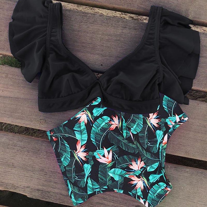 High Waist Ruffled Bikini Set Flounce Swimwear Women Two Pieces Swimsuit Swimsuit for Women Two Pieces Bathing Suits Tummy Control Flounce Top with High Waist Bottom Floral Beachwear V-neck Bathing Suit