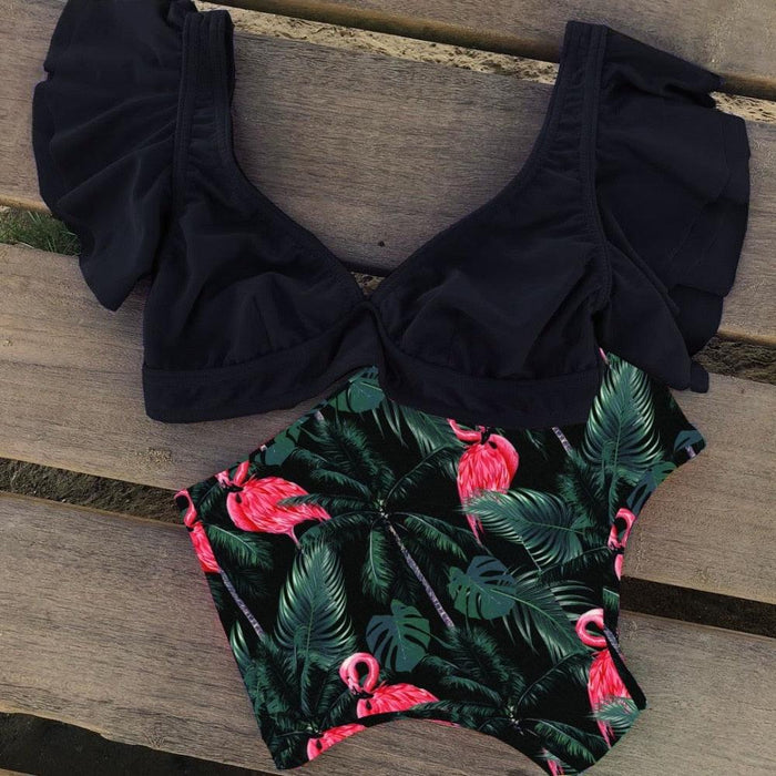 High Waist Ruffled Bikini Set Flounce Swimwear Women Two Pieces Swimsuit Swimsuit for Women Two Pieces Bathing Suits Tummy Control Flounce Top with High Waist Bottom Floral Beachwear V-neck Bathing Suit