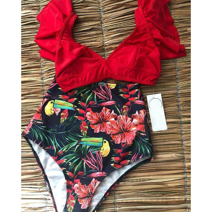 High Waist Ruffled Bikini Set Flounce Swimwear Women Two Pieces Swimsuit Swimsuit for Women Two Pieces Bathing Suits Tummy Control Flounce Top with High Waist Bottom Floral Beachwear V-neck Bathing Suit