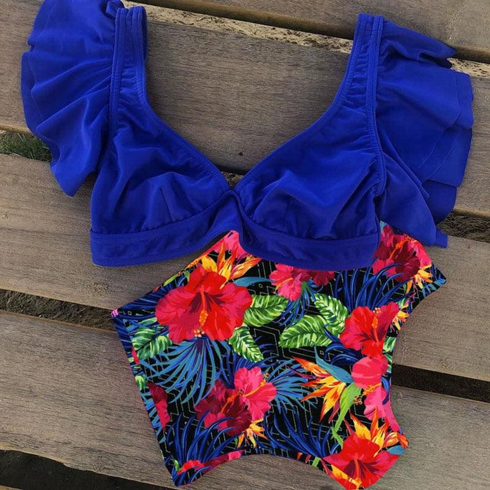 High Waist Ruffled Bikini Set Flounce Swimwear Women Two Pieces Swimsuit Swimsuit for Women Two Pieces Bathing Suits Tummy Control Flounce Top with High Waist Bottom Floral Beachwear V-neck Bathing Suit